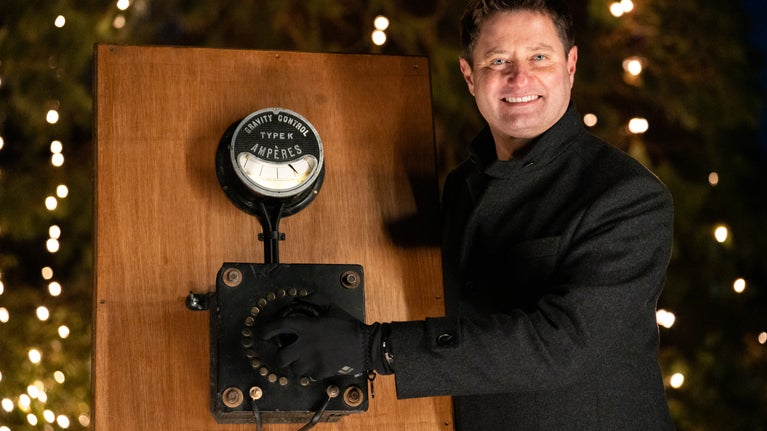 George Clarke switches on the Christmas lights of the UK's Tallest Living Christmas Tree at Cragside